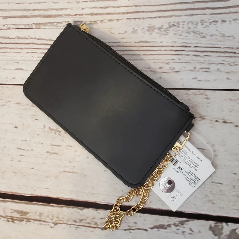 Time and Tru women's vinyl monogram initial wristlet black with goldtone chain